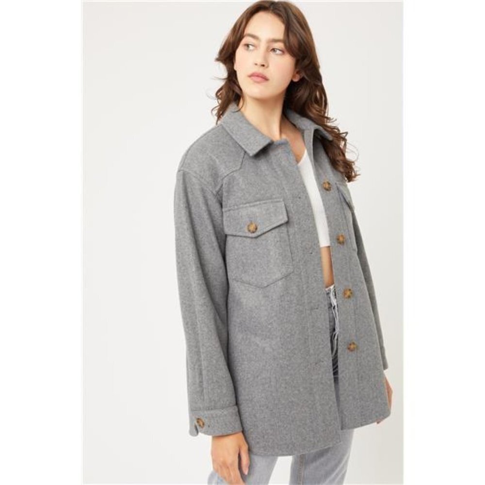 Light Grey Jq Fleece Oversized Cozy Warm Shacket For Women/ Front Button Closure
